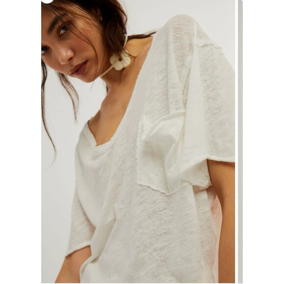 Free People We Are Free All We Need Tee XS NWT Oversized Linen Cotton V Neck - Picture 2 of 11